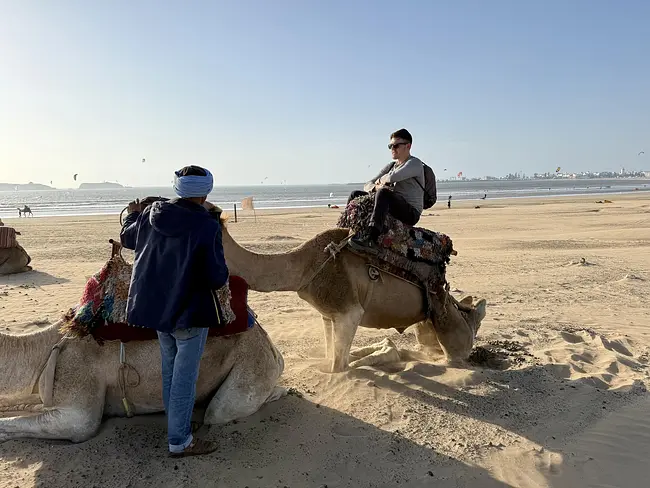 Andy mounting a camel in Essaouira
