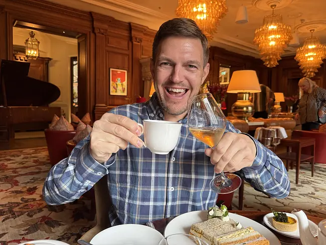 Andy enjoying afternoon tea at Raffles London at The OWO