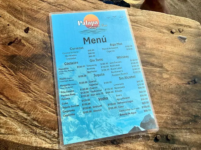 Menu at Palapa Mary y Tino on Playa del Amor in Zipolite