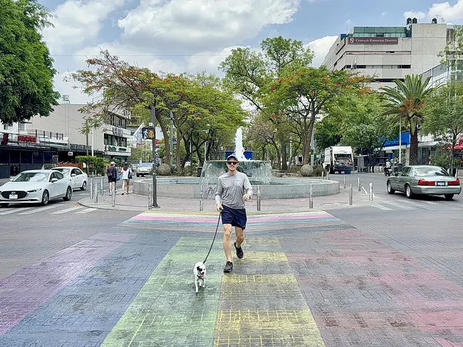 Andy & Pattie crossing the Rainbow Crosswalk in Zona Rosa (Chapultepec Avenue)