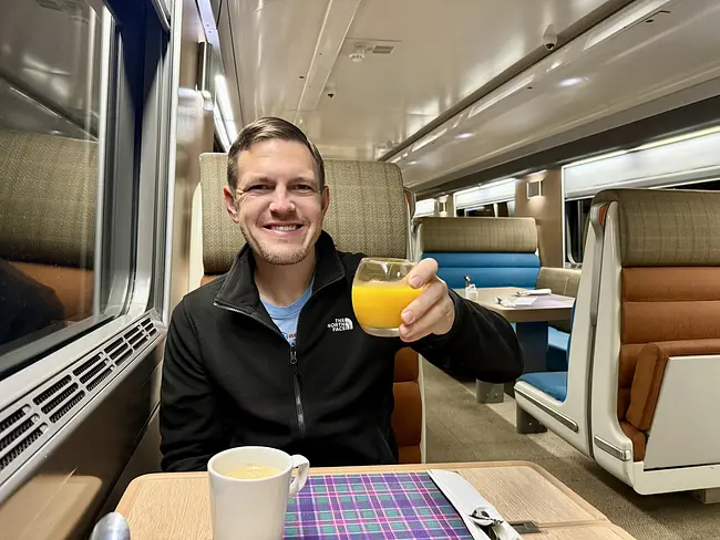Andy enjoying Breakfast in the Club Car