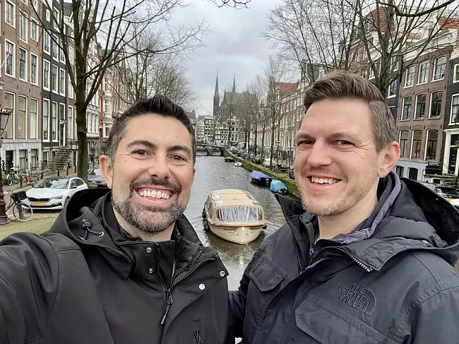 Andy & Trai celebrating New Year's Day canalside in Amsterdam