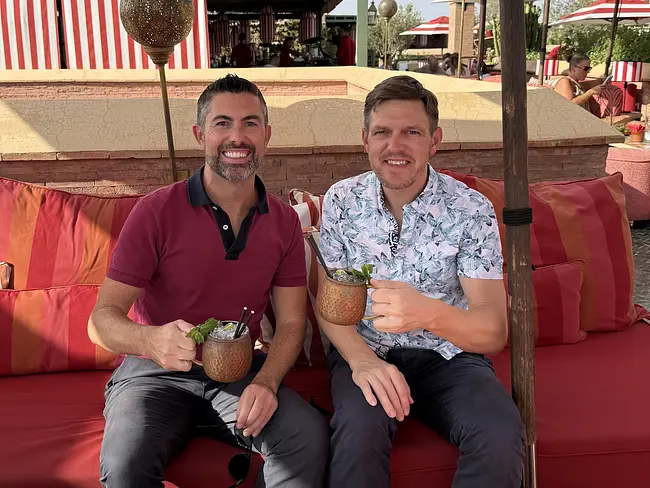 Trai & Andy enjoying rooftop cocktails at El Fenn hotel in Marrakech, Morocco